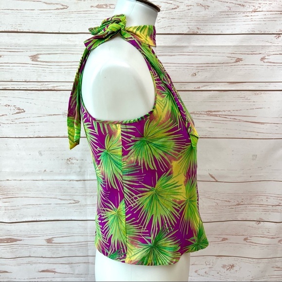 Vintage Y2K Victoria’s Secret Magenta Chartreuse Tropical Palm Silk Halter Top - Picture 4 of 8